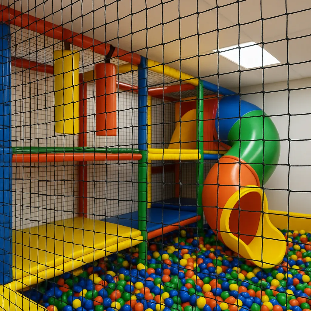 Rede de proteção em playground com balanços e escorregador